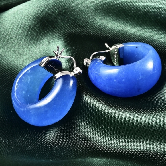 Shop LC Blue Dyed Jade Hoop Earrings 925 Silver Rhodium Plated - Picture 2 of 3